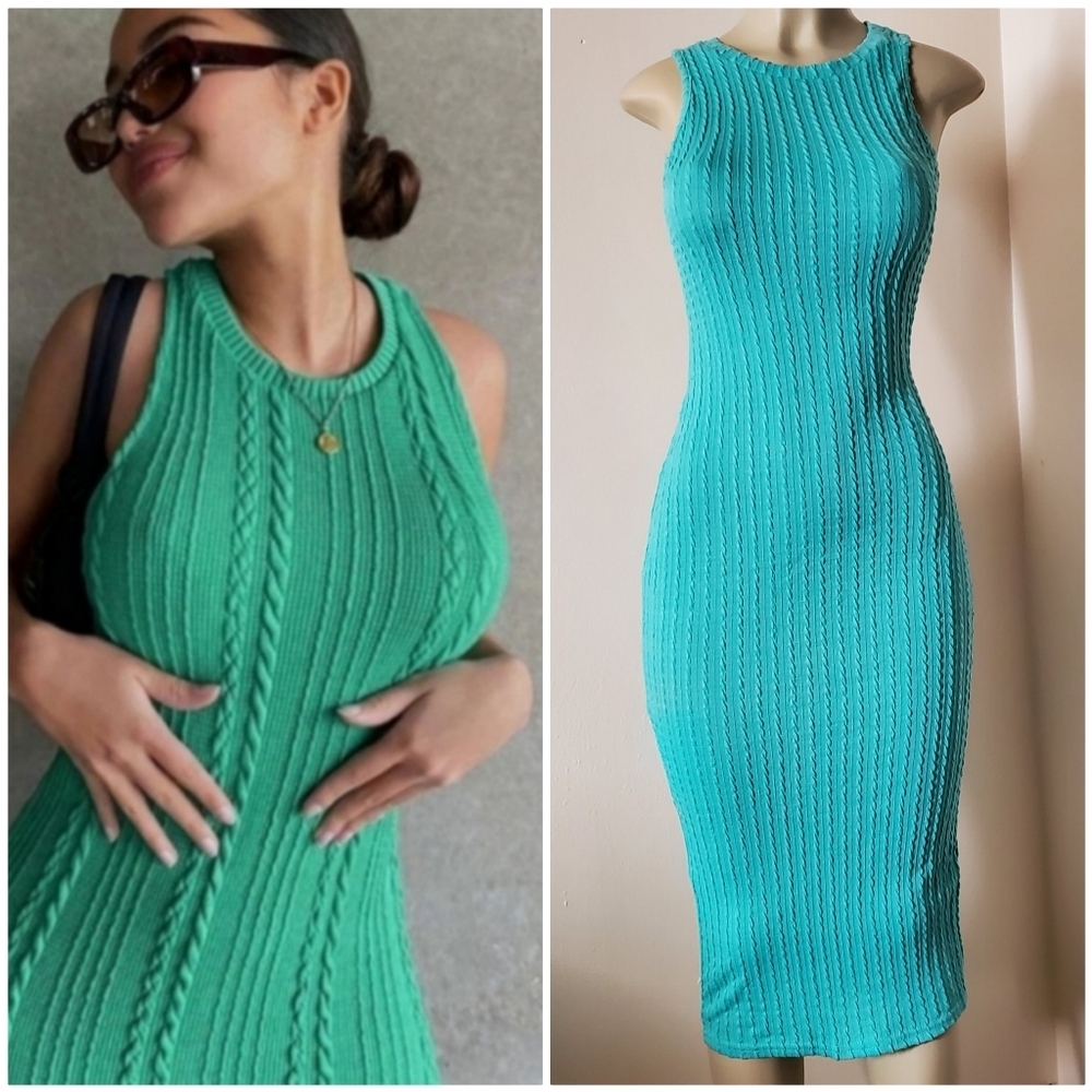 NEW Women's Midi Ribbed Knit Tank Dress Sage Green Bodycon Beach Coastal Summer